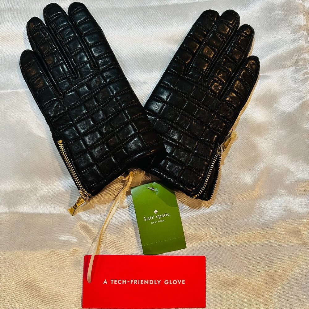 Kate Spade New York Black Leather Gloves w/Side Zip & Touch Tech (NWT)